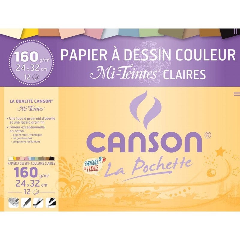 Canson - Beaux arts - Pochette de papier dessin mi-teintes coloris pastel -  12 feuilles - 24x32 cm 