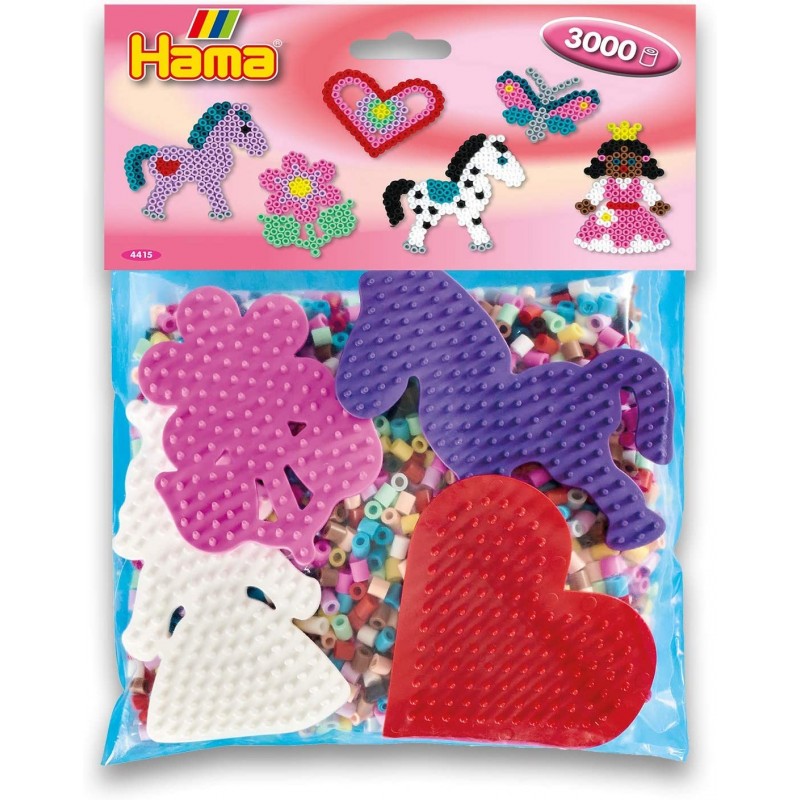 Hama - Perles - 4415 - Taille Midi - 3000 perles et 4 plaques coeur princesse poney et fleur