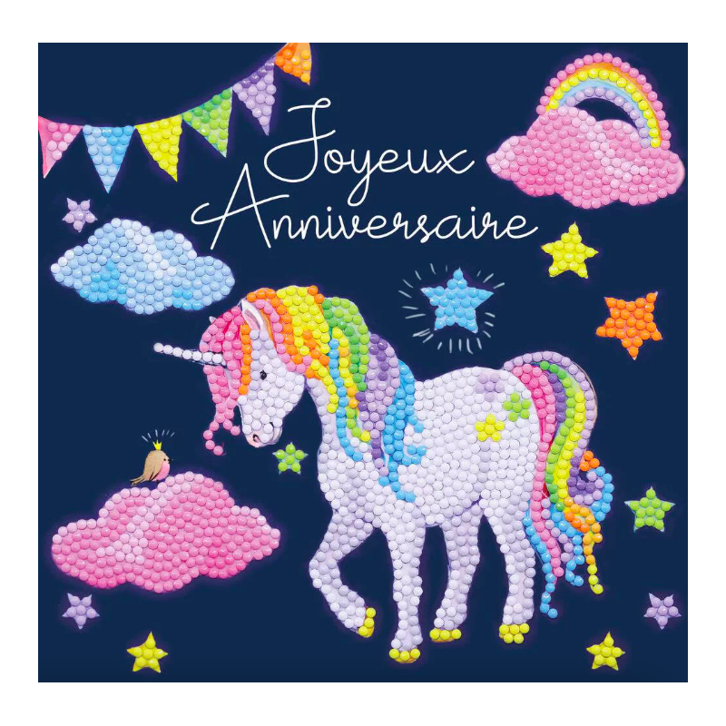 OZ - Loisirs créatifs - Crystal Art - Kit carte broderie diamant 18x18cm Anniversaire licorne