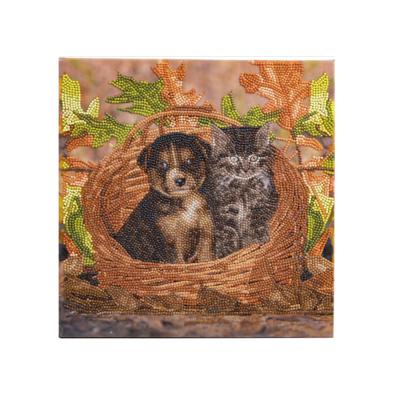 OZ - Loisirs créatifs - Crystal Art - Kit tableau broderie diamant 30x30cm - Chat & chien panier