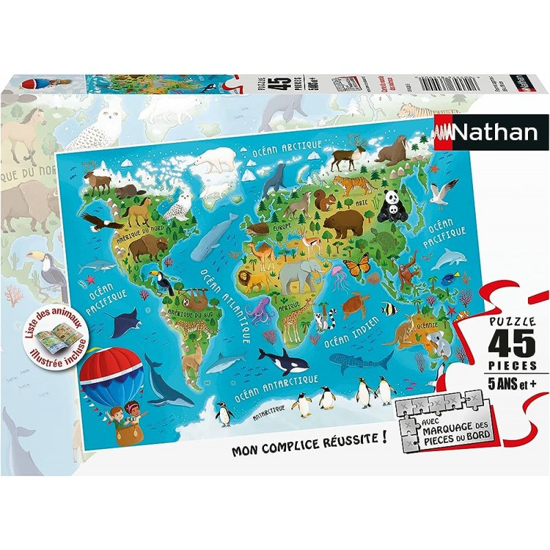 Nathan - Puzzle 45 pièces - Carte du monde des animaux