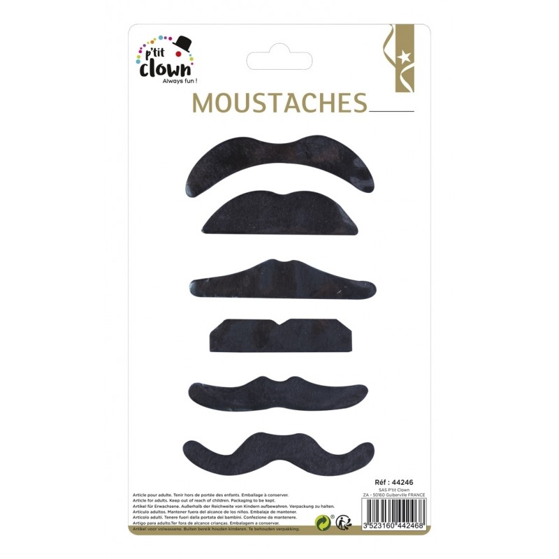 P'tit Clown - Déguisement et fête - Moustaches - noir - lot de 6