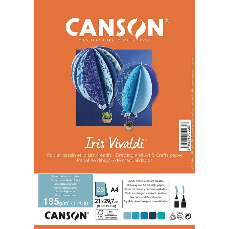 Canson - Beaux arts - Papier dessin et loisirs créatifs - 25 feuilles lisses - A4 - Tons bleus