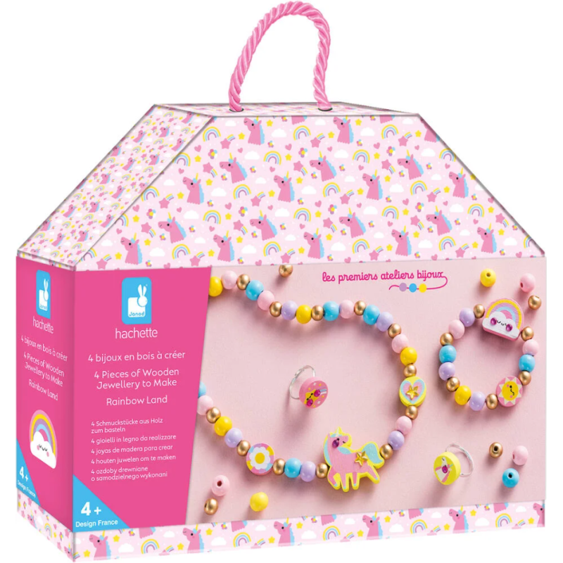 Janod - Loisirs créatifs - Coffret 4 bijoux en boix Rainbow Land à créer