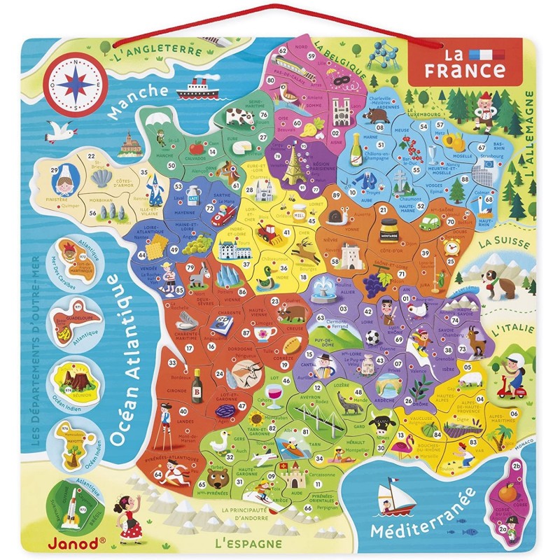 Janod - Puzzle Carte de France Magnétique - 93 Pièces Aimantées - Puzzle Enfant - Découvrir et Mémor