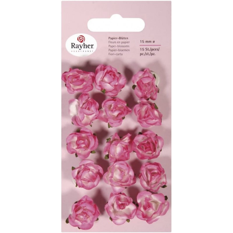 Rayher - Blister de 15 fleurs roses en papier - Rose - 15 mm