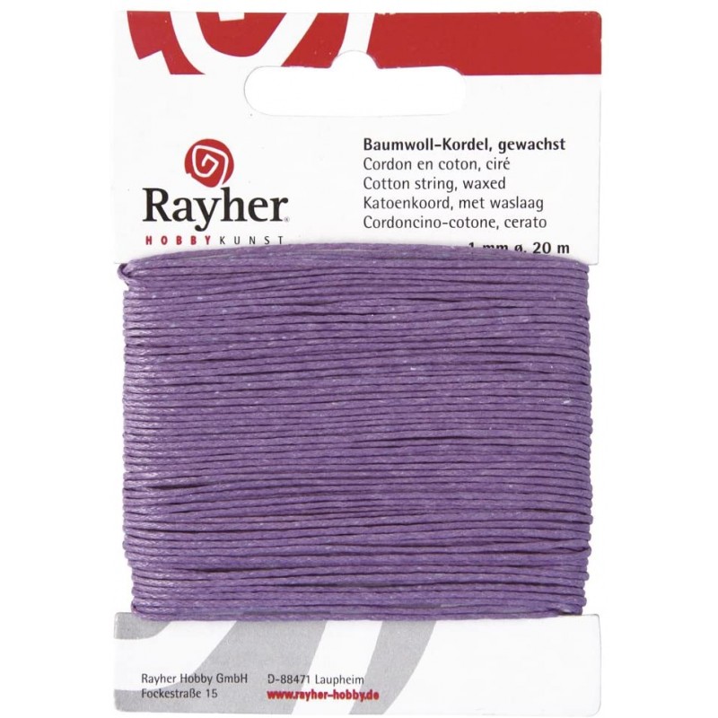 Rayher 5169135 Cordon en coton ciré, 1 mm, carte SB 20 m, lilas